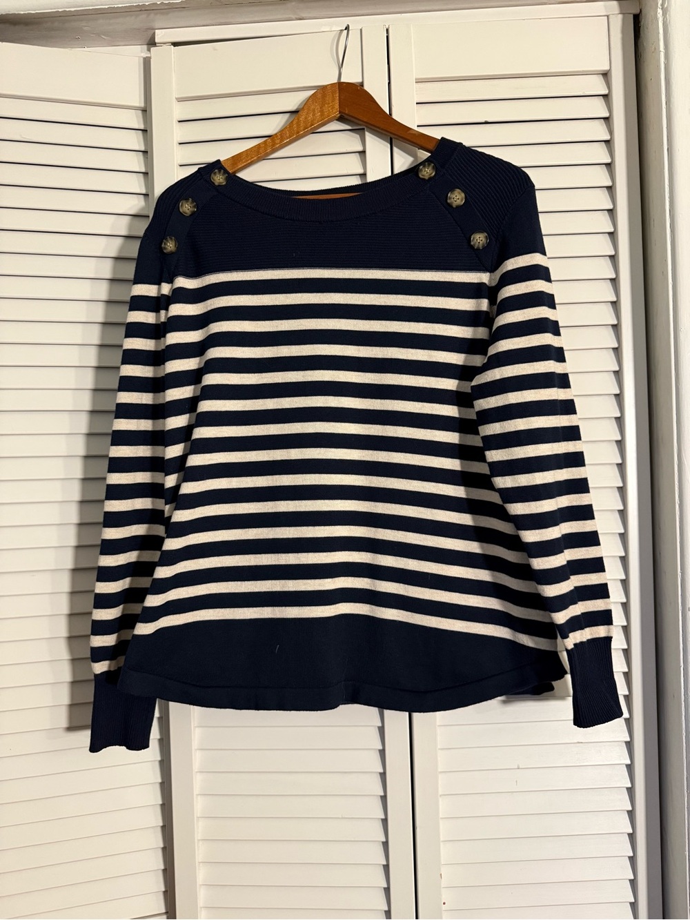 Liz Claiborne Navy and Cream Striped Button-Shoulder Sweater Petite XL